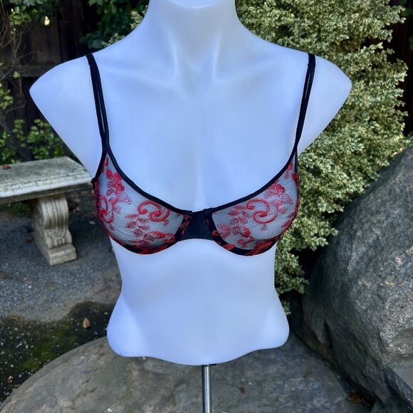 Natori Y2K Black and Red Lace Demi Underwire Bra Size 34B - Picture 2 of 7